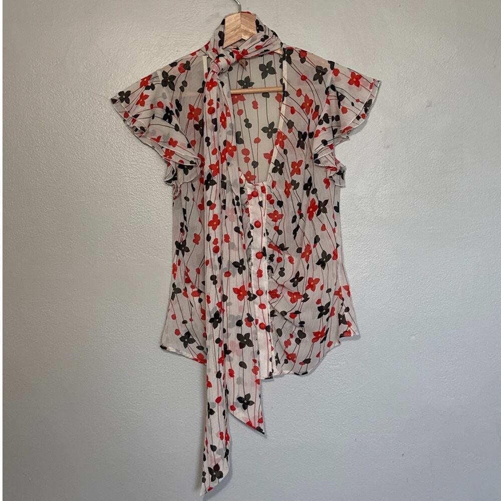Women's Size M Y2K London Eyes Button Front V Neck Blouse Scarf Flutter Sleeves